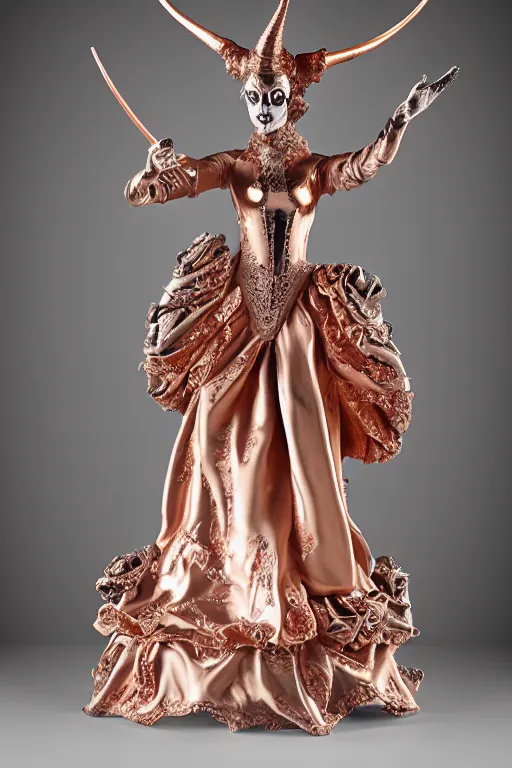 Prompt: rose gold porcelain statue of horned matte sacred burlesque queen of hearts, sculpture with metallic polished intricated surface, dressed with a iridescet torn silk cloak and chrome ornaments, made by antonio corradini, and dug stanat macabre art, dark surrealism, epic and cinematic view, volummetric light, texturized, detailed, freak circus, high graphics 8 k
