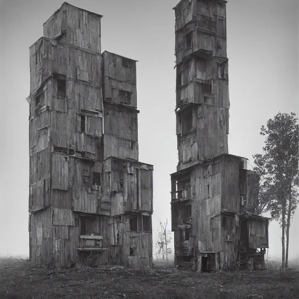 Image similar to two giant towers, made up of makeshift squatter shacks, misty, dystopia, mamiya rb 6 7, fully frontal view, very detailed, studio lighting, photographed by ansel adams