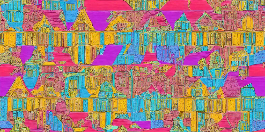 Prompt: seamless pattern of large colorful 4 arces in escher style horizontal multilayers