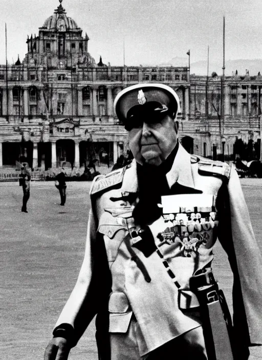 Prompt: pinochet as a cyborg wearing military clothes with la moneda palace in the background and planes furrowing