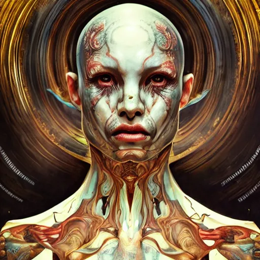 Image similar to whirling ornate intricate portrait of a male bloodied filigreed alien, muscles, rippling, warping, ultra realistic, concept art, intricate details, eerie, highly detailed, photorealistic, octane render, 8 k, unreal engine. art by artgerm and greg rutkowski and alphonse mucha