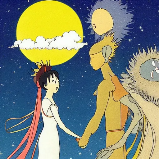 Image similar to the marriage of the moon and the sun, studios ghibli style