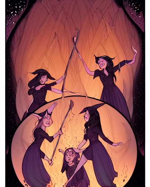 Image similar to fantasy comic cover art of a ( ( trio of witches ) ) laughing and dancing around a bonfire, detailed faces, illustration by jenny frison and sana takeda, intricate details, stunning inking lines, stunning gradient colors, 4 k, hd, artstation, award winning