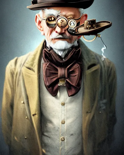 Image similar to steampunk old man portrait, handsome, steampunk hat, detective coat, steampunk monocle, smoking pipe, hyper realistic 3 d render by ilya kuvshinov, peter mohrbacher, greg rutkowski, ryohei hase, dramatic lighting, intricate, highly detailed, sharp focus, luminous, unreal engine, blender, deviant art, masterpiece, ray tracing