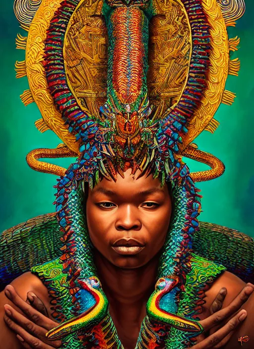 Prompt: : Quetzalcoatl shamen fantasy, fantasy magic, , intricate, sharp focus, illustration, highly detailed, digital painting, concept art, matte, jahbu art and Paul lewin and kehinde wiley, masterpiece