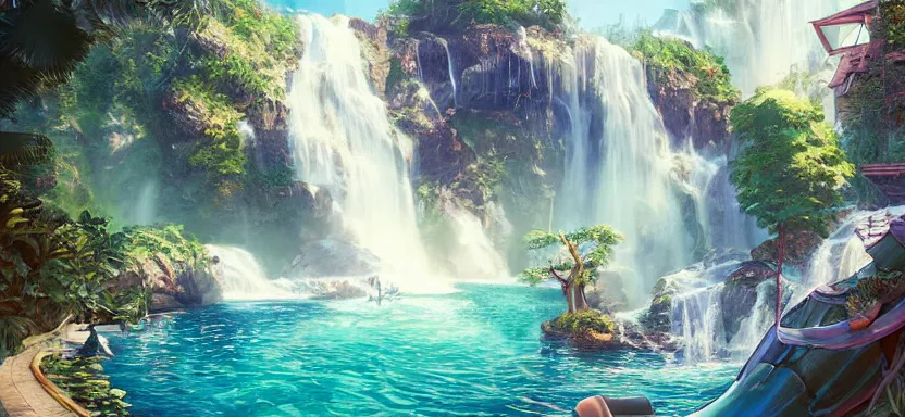 Image similar to shining solarpunk utopia next to a beautiful waterfall, sunny and gorgeous, perfection in every way a digital illustration by artgerm and wlop, trending on artstation, ray tracing on, unreal engine