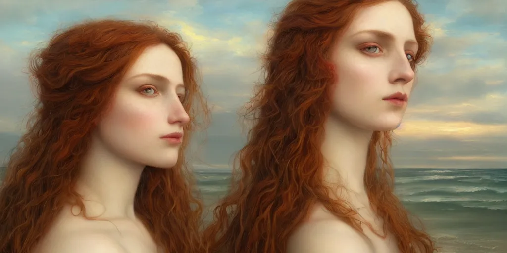 Prompt: An incredible detailed portrait of a young woman on the beach at sunset, in the style of pre-Raphaelite, by Tom Bagshaw, trending on Artstation, 8k, masterpiece, fine detail, full of color, intricate detail