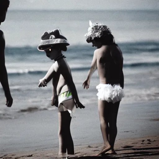 Prompt: kids on halloween costumes in copacabana beach, rio de janeiro, 8 0 s, nostalgic photograph, 3 5 mm, iso 4 0 0, kodak