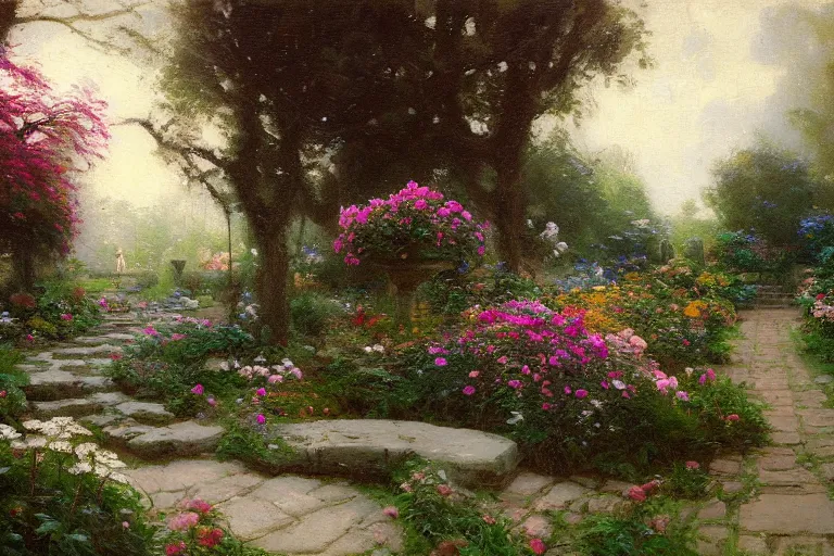 Prompt: a painting of a romantic garden, old bridge, flowers, plants, stone path, soft lighting from the left, by wes anderson, jeremy lipking, ron hicks, joseph todorovitch, thomas kinkade