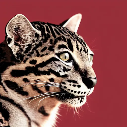 Image similar to profile shot of a black and red ocelot with black background, high contrast, octane render, 4k