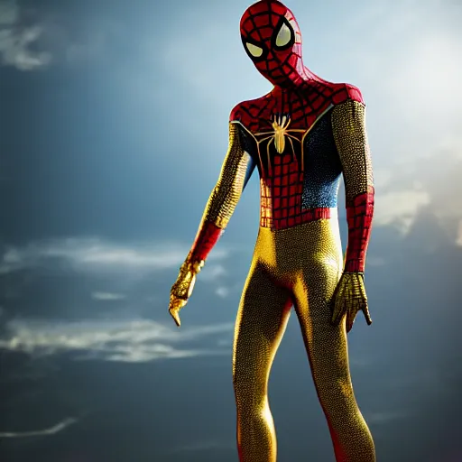 Image similar to gold spider - man suit with black web lining, cinematic, volumetric lighting, realistic, hyperdetailed, photorealistic, photograph