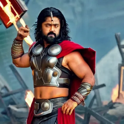 Prompt: film still of rocking star yash as thor in thor ragnarok