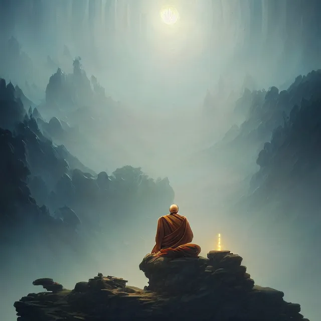 Image similar to in the style of peter mohrbacher, a glowing monk floating and meditating on a rock, dystopian landscape, intricate, masterpiece, award winning, fantasy, hyperrealism intricate