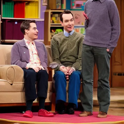 Image similar to jim parsons pretending to be mr. fred rodgers on pbs