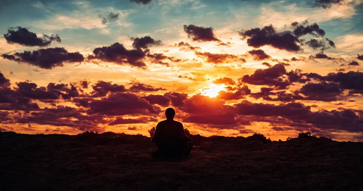 Prompt: wide range photo silhouette of a man meditating, at a beautiful sunset, highly detailed, colorful,