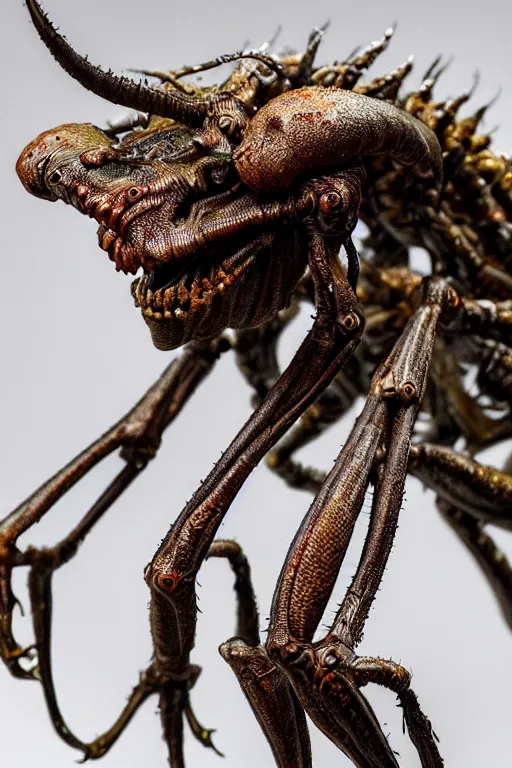 Image similar to photo taken of an epic intricate, ultra detailed, super realistic gritty, wet, slimy, lifelike sculpture of a nightmarish hellish insectoid creature created by weta workshop, zoomed in shots, photorealistic, sharp focus, white wall coloured workshop, extremely cold blueish colour temperature, f 0. 4, full body shot, golden ratio