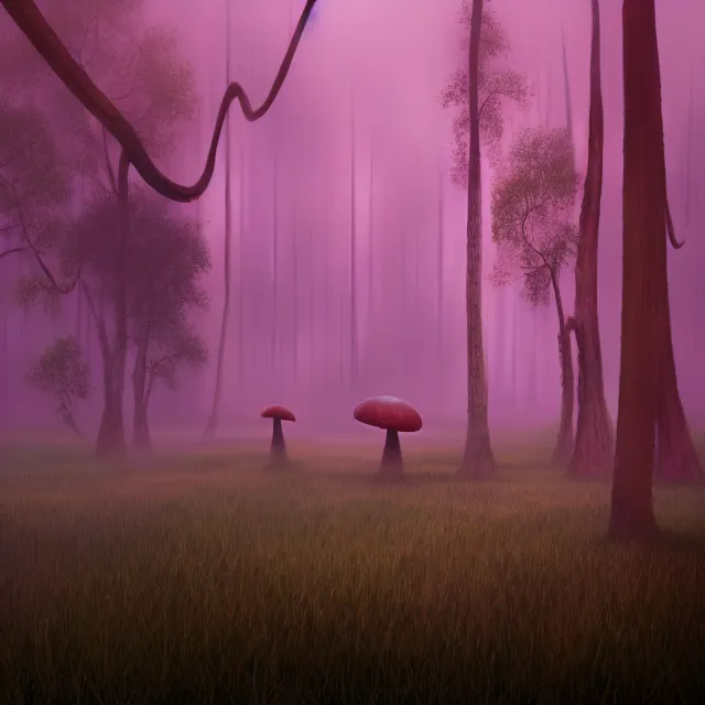 Image similar to a misty swamp with giant mushrooms, at night, beautiful lighting, mystical colors, octane, 4 k, trending on artstation
