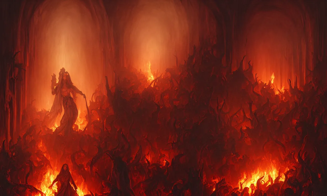 Image similar to Purgatory, fire in hell. A crowd of sinful people is burning in hell in hellfire. The gateway to the infernal underworld. Devils demons and ghouls torment sinful people, highly detailed, digital painting, artstation, concept art, smooth, sharp focus, illustration, art by artgerm and greg rutkowski and alphonse mucha