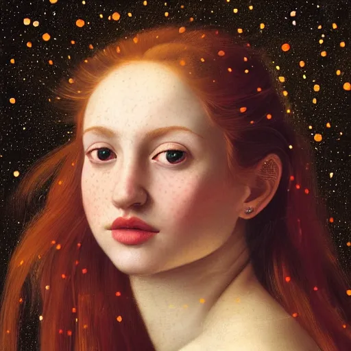 Image similar to portrait of happy a young woman, among the lights of golden fireflies and nature, long loose red hair, intricate details, bright green eyes, freckles on the nose, round gentle face, intricate dress, deep focus, smooth, sharp, golden ratio, hyper realistic digital art by artemisia lomi gentileschi and caravaggio, full body dreamy art