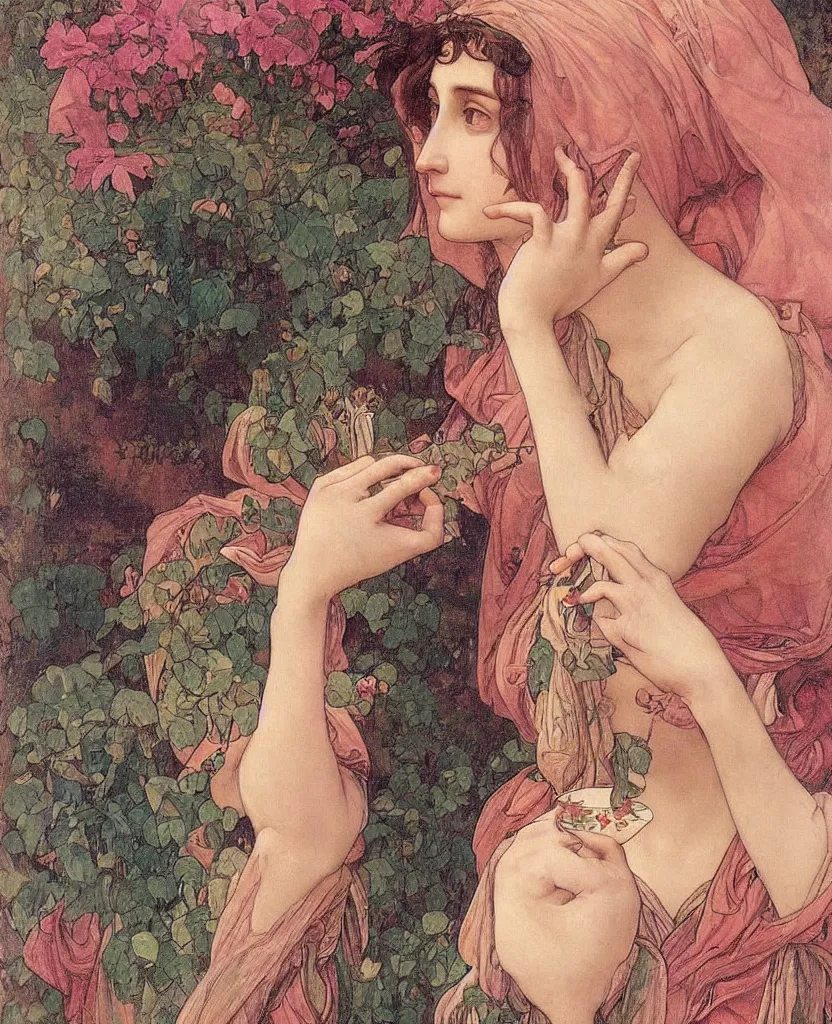 Image similar to a beautiful arrogant surreal greek lady drinking tea looking disdained, rennaisance painting, whimsical, pastel pink color palette, by leonardo da vinci and alphonse mucha