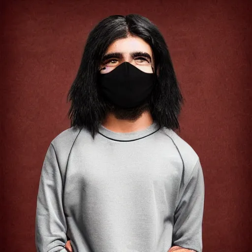 Image similar to professional digital art of a young adult man with slightly long hair wearing a black face mask and a form-fitting dark sweatshirt with dark sweatpants, high quality, HD, 8K, highly detailed, award-winning, fantasy, quiet