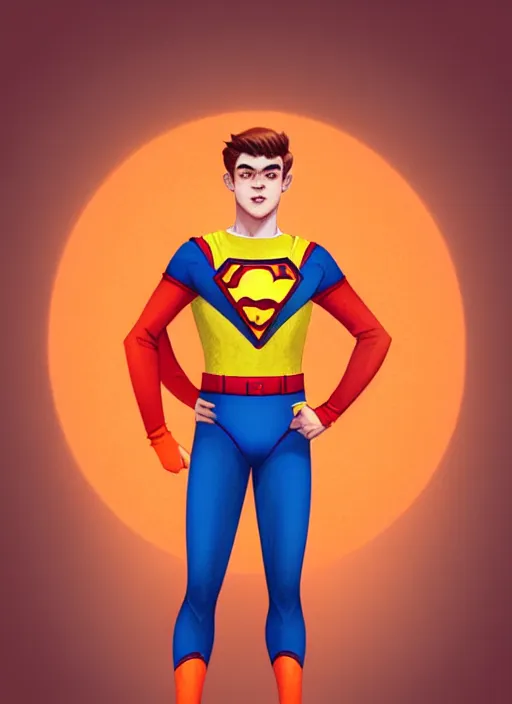 Image similar to kind teenage archie andrews wearing an orange superhero costume, freckles, superhero costume with heart emblem, cape, intricate, elegant, glowing lights, highly detailed, digital painting, artstation, sharp focus, illustration, art by wlop, mars ravelo and greg rutkowski