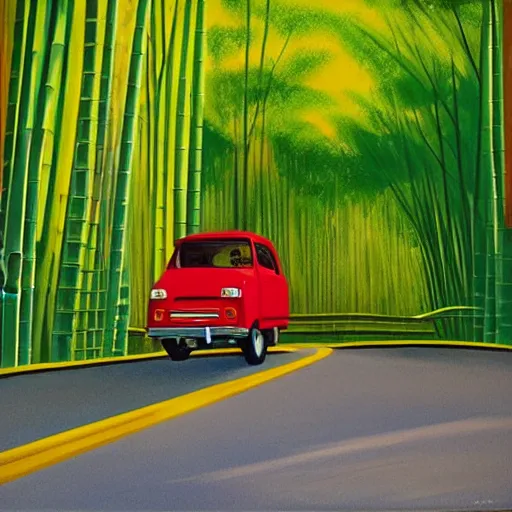 Prompt: a red daihatsu delta truck parked in the apex of a curve with the road surrounded by a canopy of bamboo trees, the shadows of the leaves are proyected onto the road painting by edward hopper