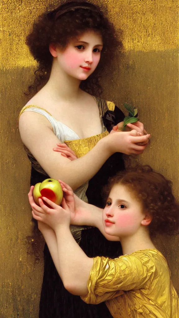 Image similar to painting portrait of a beautiful girl with an apple in her hand, intricate, elegant, digital painting, smooth, sharp focus, shiny gold, realistic gold, realistic metal, by William-Adolphe Bouguereau and Gustav Klimt,