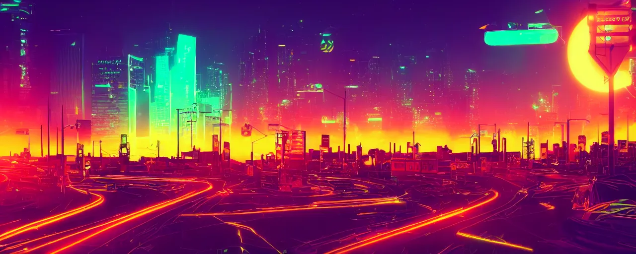 Image similar to night city, neon lights, glow, retrowave style, sunset, photorealism