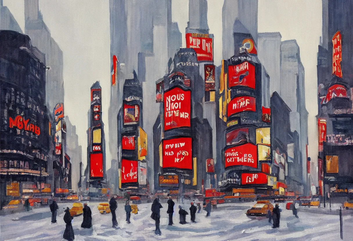 Prompt: an edward hopper style painting of new york times square, winter