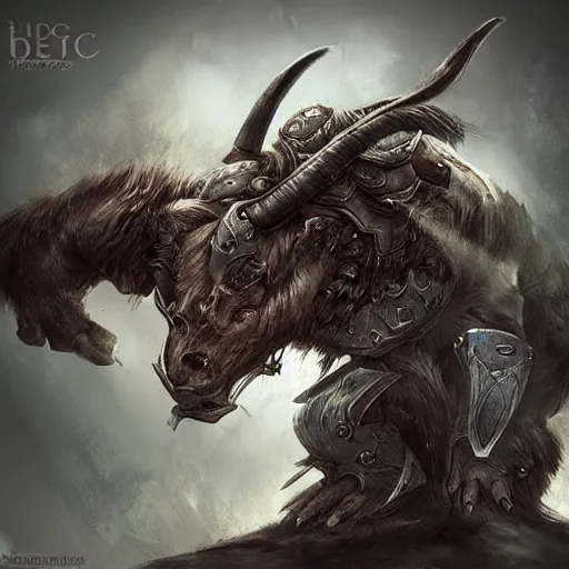 Prompt: epic minotaur beast in armor, artwork, concept art, greek mythology, dark fantasy, digital painting, artstation, d&d