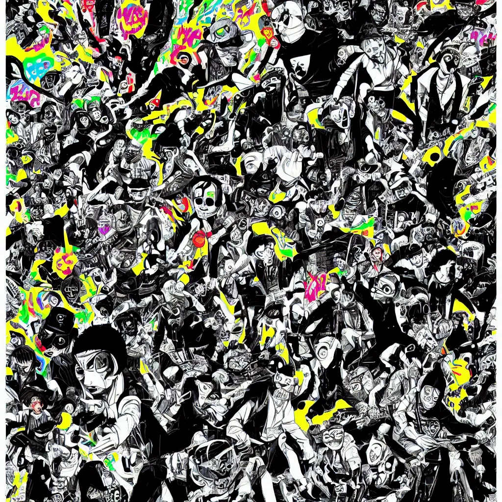 Image similar to faceless human figures, kazuo umezu artwork, jet set radio artwork, stripes, tense, space, cel - shaded art style, broken rainbow, ominous, minimal, cybernetic, cowl, dots, stipples, thumbprint, dark, eerie, motherboards, crosswalks, guts, folds, tearing