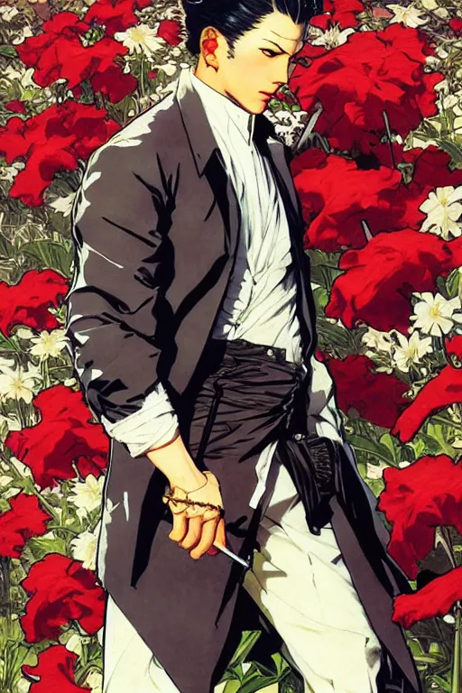 Image similar to attractive young thug in flower field, painting by j. c. leyendecker, yoji shinkawa, katayama bokuyo