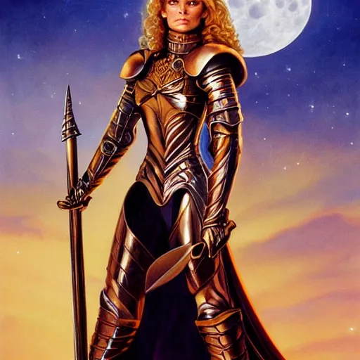 Prompt: portrait of a stunningly beautiful paladin in copper plate armor who looks like young michelle pfeiffer, moonlight in the background by boris vallejo and julie bell, upper body, soft details, soft lighting, HD, elegant, intricate, masterpiece