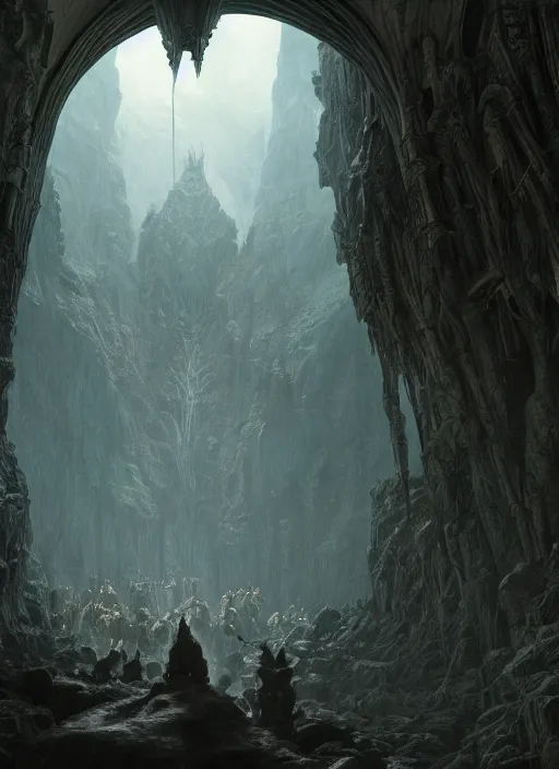 Prompt: medieval adventurers in the lord of the rings scenery landscape, inside an enormous alien cathedral, tarrasque, portal to another dimension, highly detailed, cinematic lighting, perfect composition, 4 k, gustave dore, derek zabrocki, greg rutkowski, beksinski, octane render