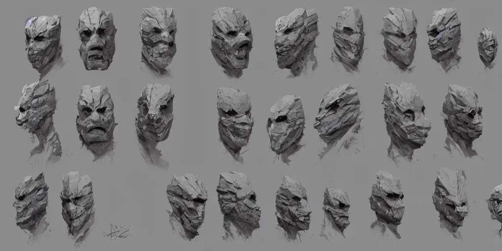 Image similar to rock mask design, character sheet, Moebius, Greg Rutkowski, Zabrocki, Karlkka, Jayison Devadas, Phuoc Quan, trending on Artstation, 8K, ultra wide angle, zenith view, pincushion lens effect.