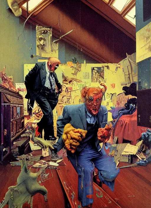 Prompt: realistic detailed image of bill hicks tripping on lsd smoking by Francis Bacon, Surreal, Norman Rockwell and James Jean, Greg Hildebrandt, and Mark Brooks, triadic color scheme, By Greg Rutkowski, in the style of Francis Bacon and Syd Mead and Edward Hopper and Norman Rockwell and Beksinski, open ceiling, highly detailed, painted by Francis Bacon, painted by James Gilleard, surrealism, airbrush, Ilya Kuvshinov, WLOP, Stanley Artgerm, very coherent, art by Takato Yamamoto and James Jean