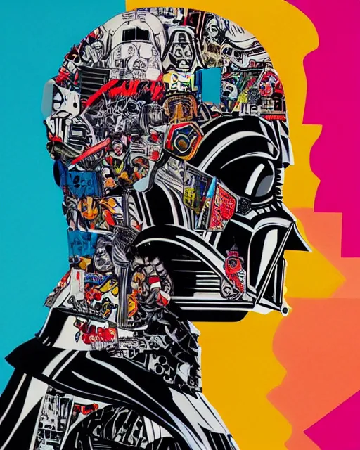 Image similar to Tristan Eaton, maximalism, darth vader, double exposure