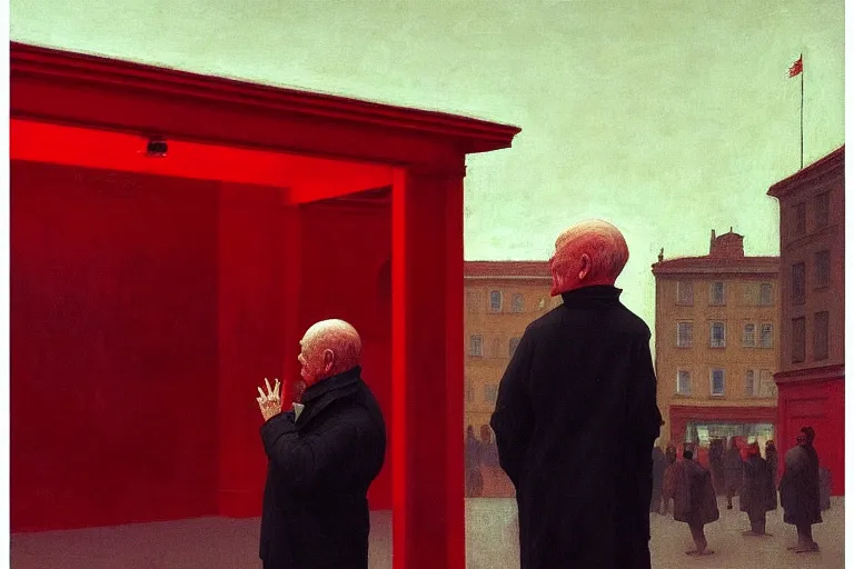 Image similar to only with red, a red old man try to sell a portrait, a crowd cheering, in a city square, in the style of beksinski, parts by edward hopper, parts by rodcenko, parts by yue minjun, intricate and epic composition, red by caravaggio, insanely quality, highly detailed, masterpiece, red light, artstation, 4 k