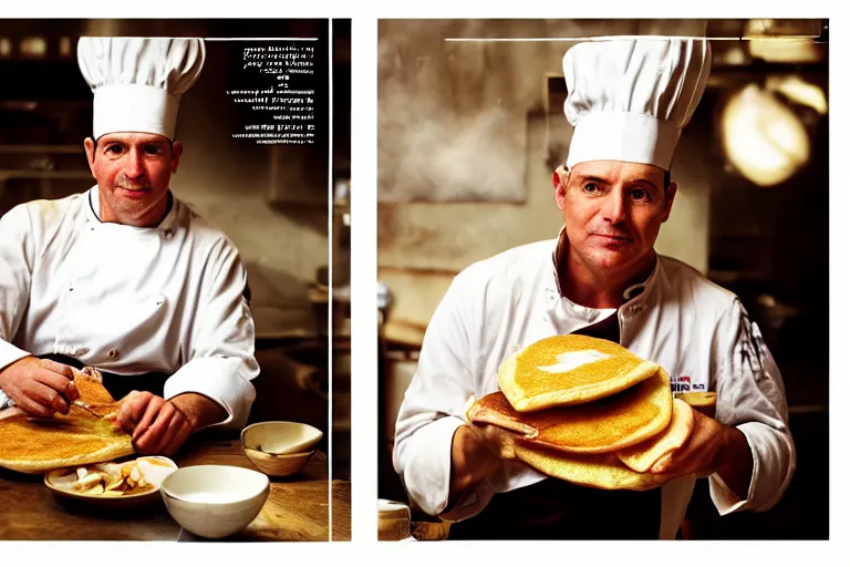 Prompt: closeup potrait Dutch chefs impressing french peasants with superior pancakes, natural light, sharp, detailed face, magazine, press, photo, Steve McCurry, David Lazar, Canon, Nikon, focus