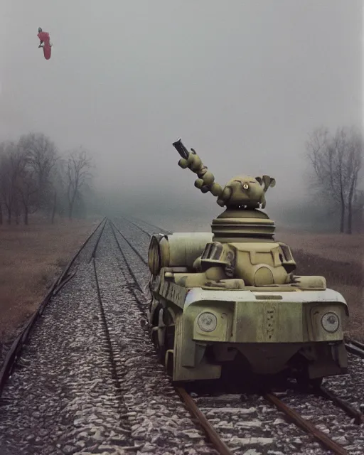 Image similar to giant oversized chubby bulky armored train pug dog robot mech, with big pug head , rocket launcher , on a village , Cinematic focus, fujicolor photo, vintage, neutral colors, soft lights, foggy, panorama by by Serov Valentin, by lisa yuskavage, by Andrei Tarkovsky