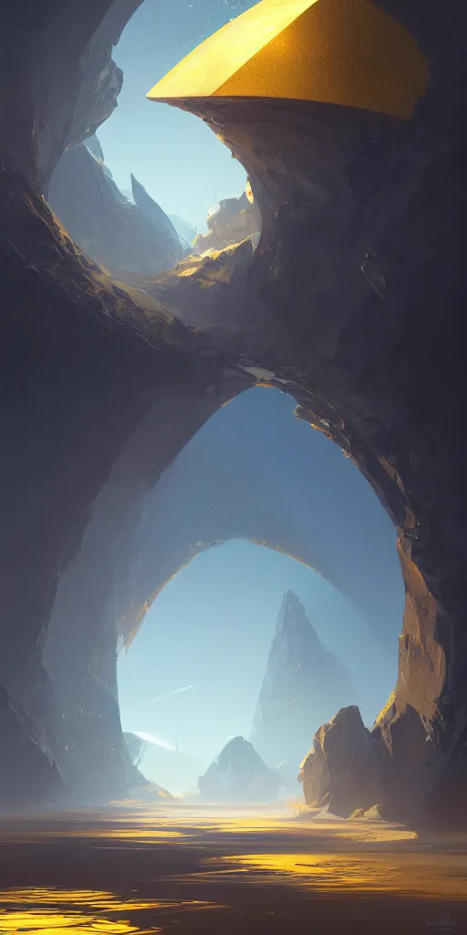 Image similar to highly detailed portrait of a semicircular bounded space surrounded by golden and blue magic powder, ultra wide angle, finer details : 3, by ian fisher and greg rutkowski, trending on artstation, concept art, smooth, sharp focus, illustration.