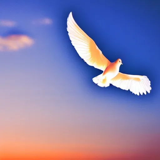 Image similar to Close-up realistic shot of a radiant shining white dove flying over the clouds at sunset, ethereal, vintage photograph, film grain, surreal, awe-inspiring, highly detailed, blue and orange color scheme