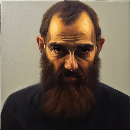 Image similar to arvo part, portrait, oil on canvas,