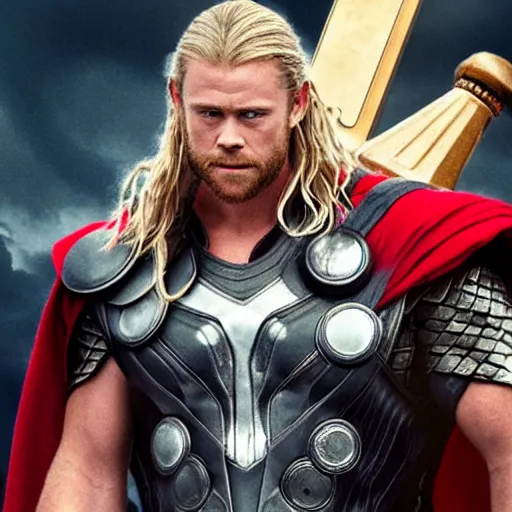 thor holding stormbreaker and mjolnir | Stable Diffusion