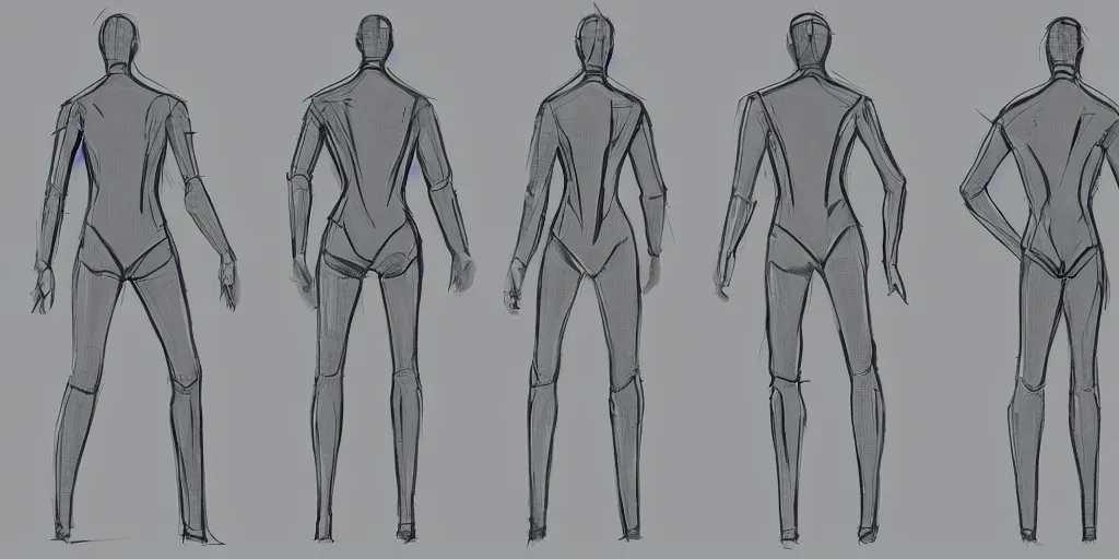 Image similar to male, elongated figure, space suit, concept art sketch, large shoulders, short torso, long thin legs, tiny feet, character sheet, very stylized, concept design