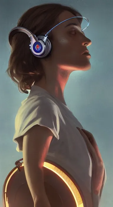 Prompt: portrait of a catholic cyborg saint djing with headphones on and a halo, high detail, hyper - realism, 4 k, by greg rutkowski and asher brown durand and vogue, trending on artstation