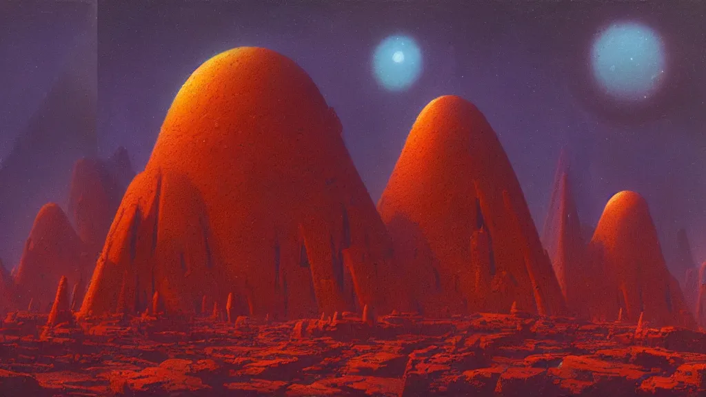 Image similar to mysterious monuments of an alien civilization by paul lehr and john schoenherr, cinematic matte painting