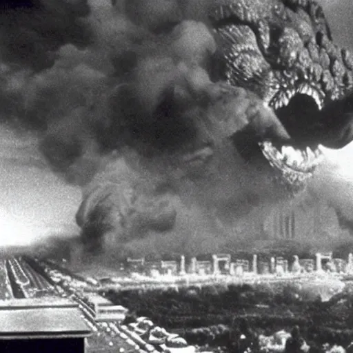 Prompt: a filmstill of Kim Jong-il, monster destroying Pyongyang, in Godzilla (1954) by Ishirō Honda, epic ultrawide shot, cinémascope