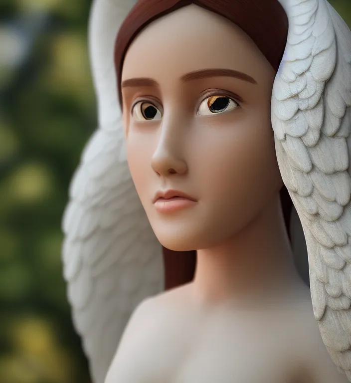 Image similar to centered portrait photo of an angel, bokeh, DOF, unreal engine, 8k, ultra detailed, photorealistic + sigma 105mm f2.8 macro